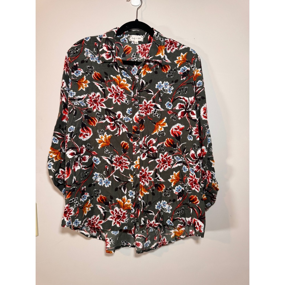 Bailey + Chloe Floral Button Down Shirt Olive Green Rayon Long Sleeve Large